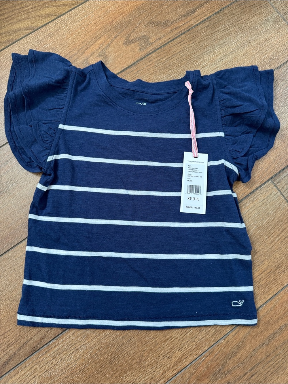 Navy & White Vineyard Vines Striped Ruffle Sleeve Kids Top